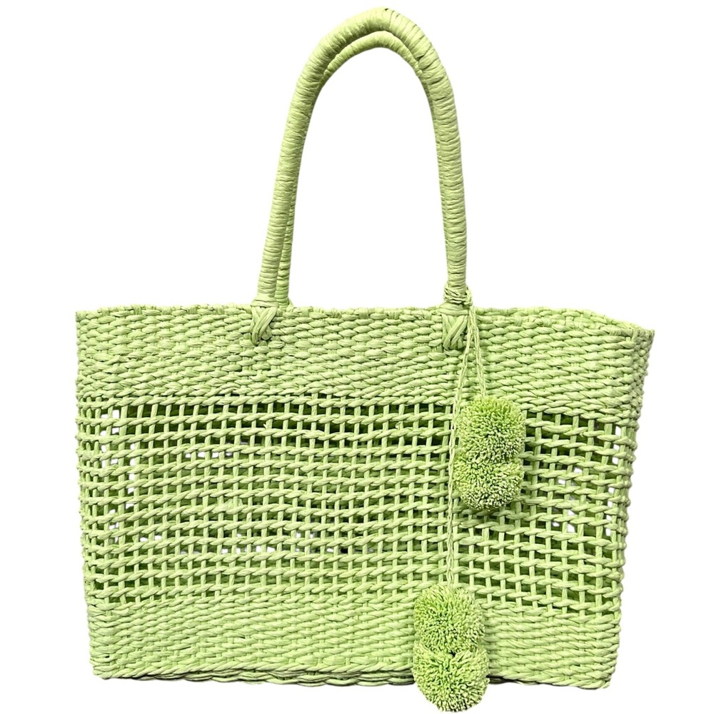 VINTAGE Woven Raffia PomPom Accent Beach Tote